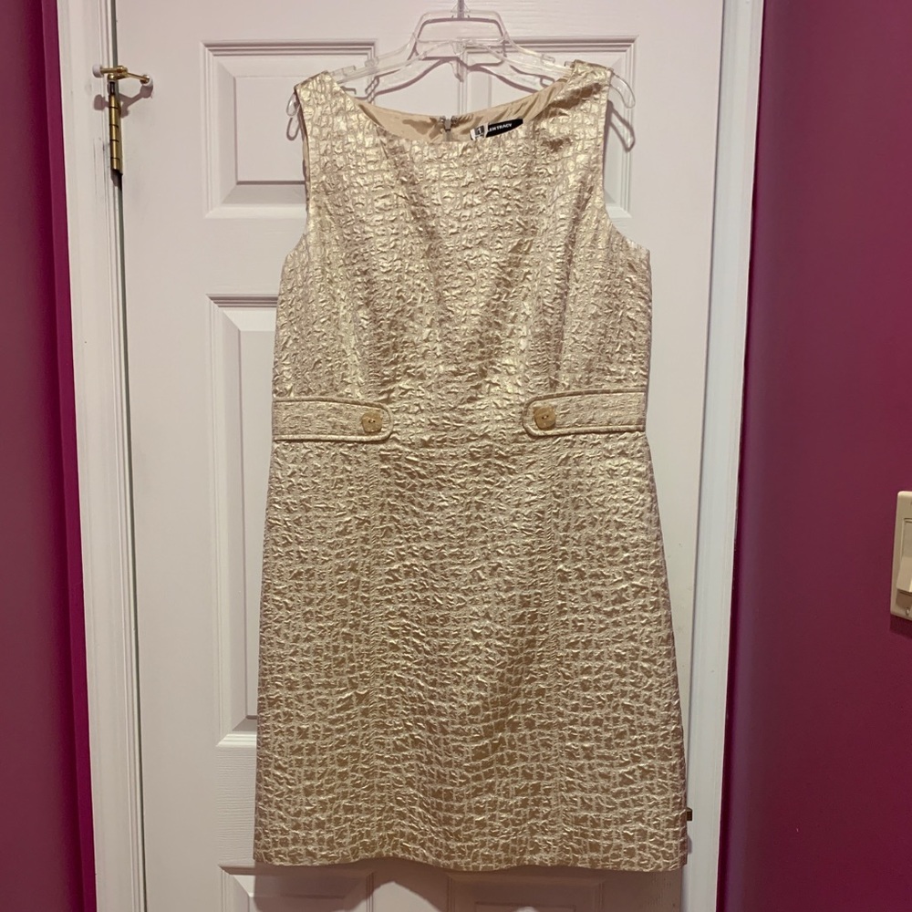 Gold and off white, textured print shift dress
